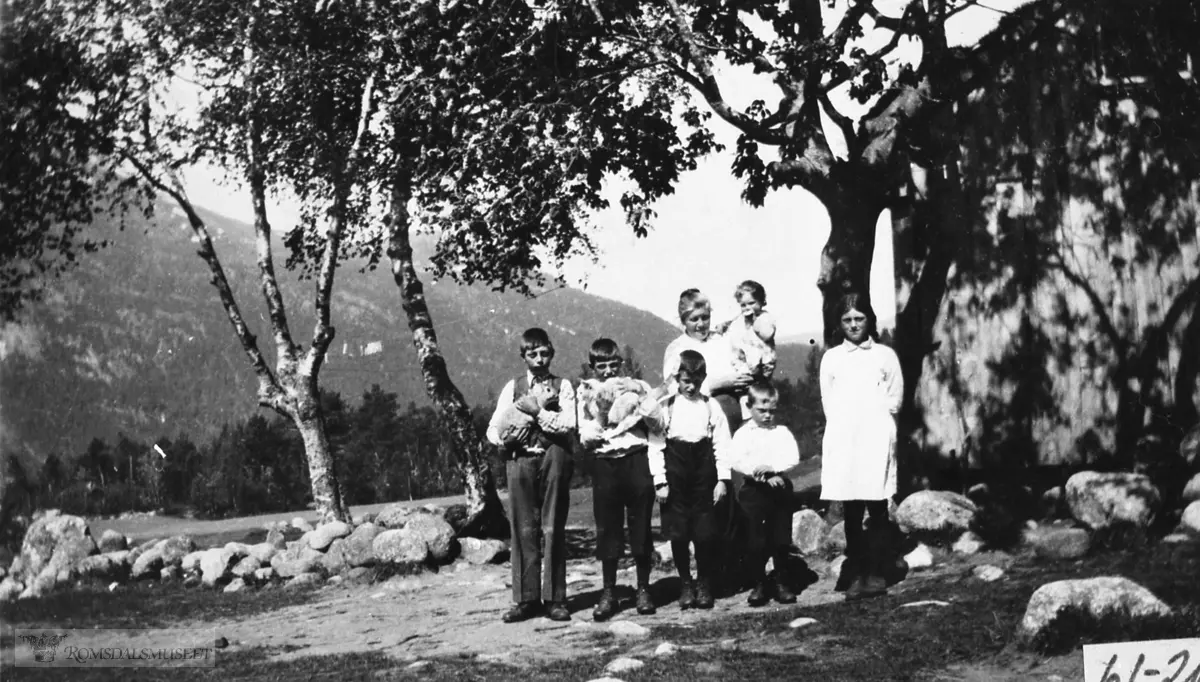 Familiebilde. Anne Nesset med barna: Ivar, Ragnvald, Leif, Aneus, Anna, Magrete (på mors arm). Huset er boligen deira i Risan...