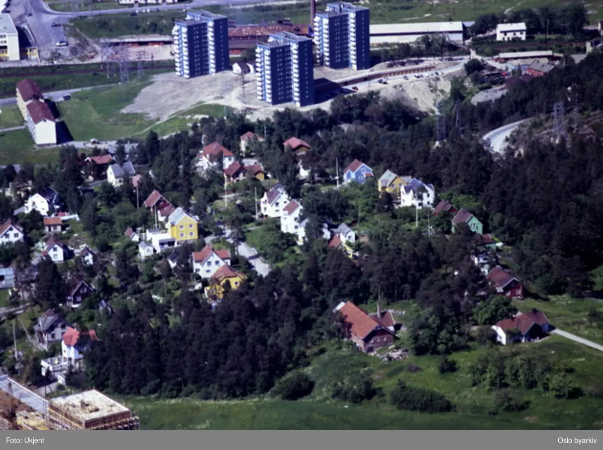 Ryen gård foran til høyre. Villabebyggelsen på Ryenberget. Til venstre pågår byggingen av Luxobygget. I bakgrunnen boligblokker på Etterstad. (Flyfoto)