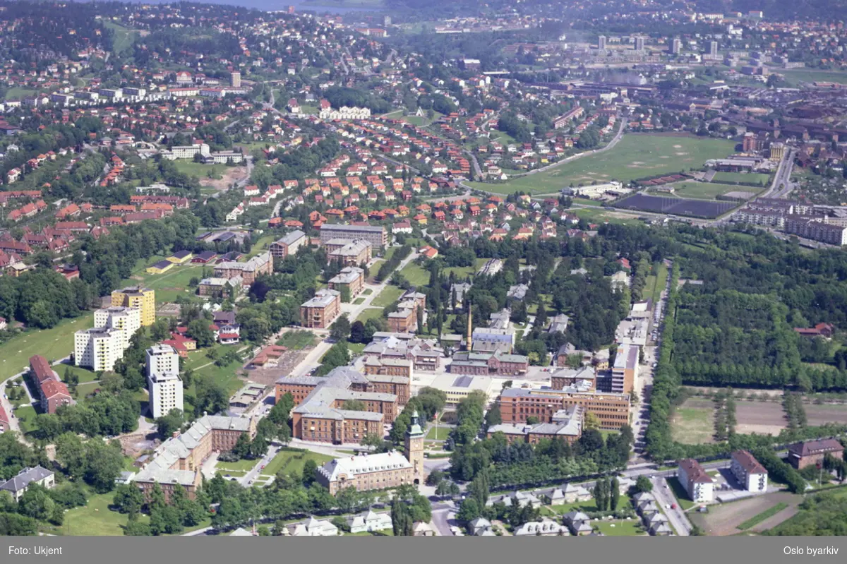 Ullevål sykehus. Kirkeveien i front og Thulstrups gate til høyre. (Flyfoto)