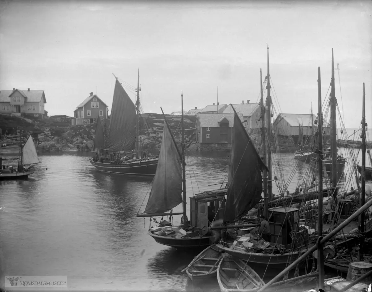 Torsdag i Nordre Bjørnsund. M/B på havna mot Hammerøya.