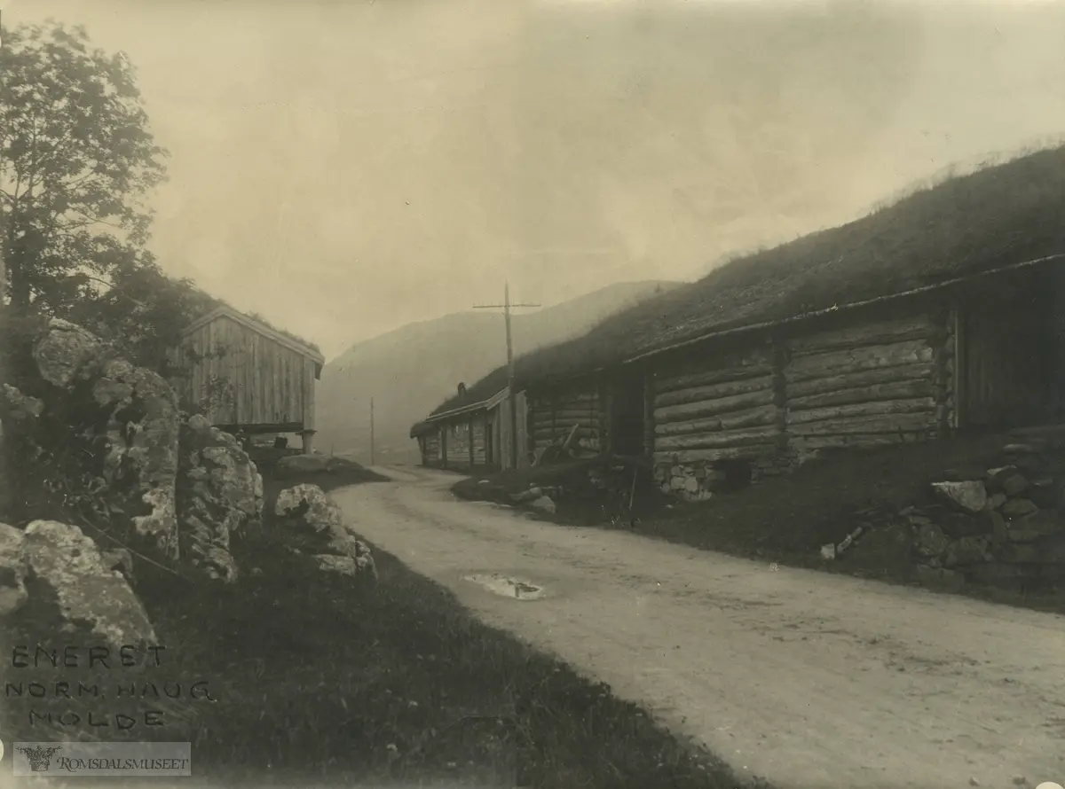 Husa på Hammervoll sett nedenfra. Alle husa er no flytta til Romsdalsmuseet. .Stua i 1927, løa i 1982, stabburet i 1987.