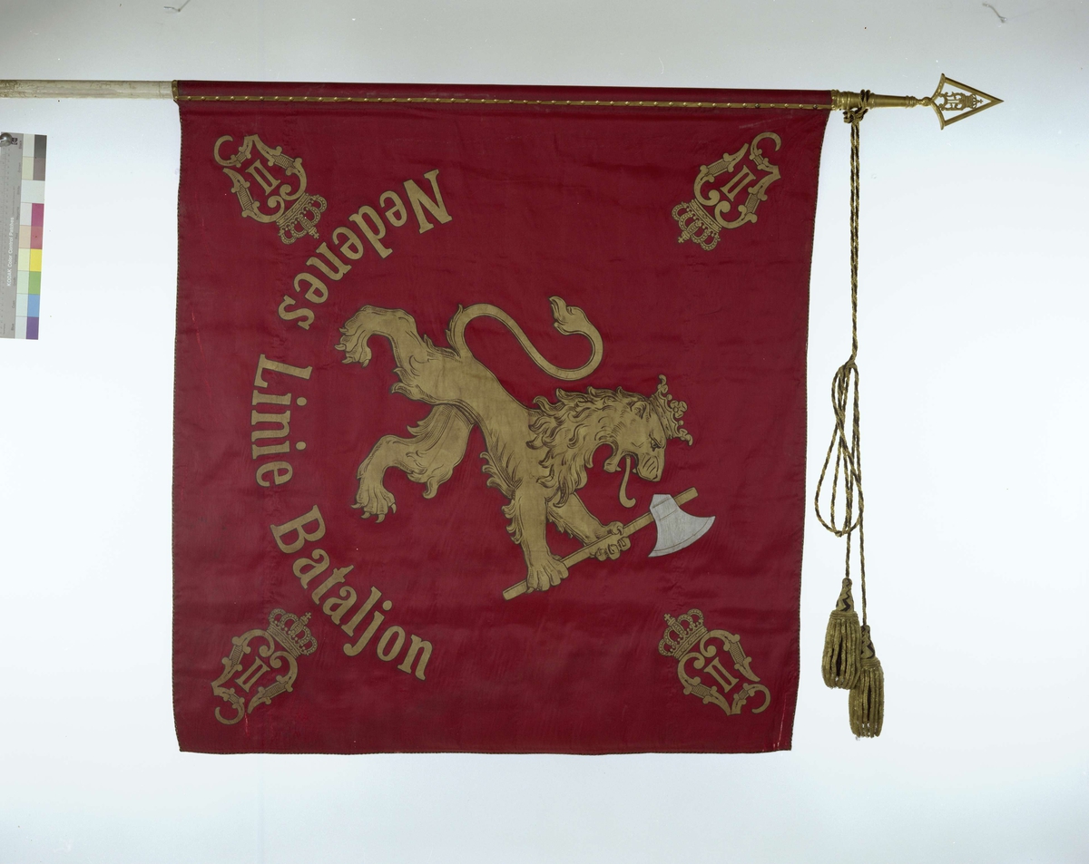Kristiansandske infanteribrigade. O.II.
Nedenæs Linie Batailon.
Silkefane.Midt på Den norske løve. I hjørnene kronet OII monogram. Banderoler med kvaster. Spiss med kronet O II.