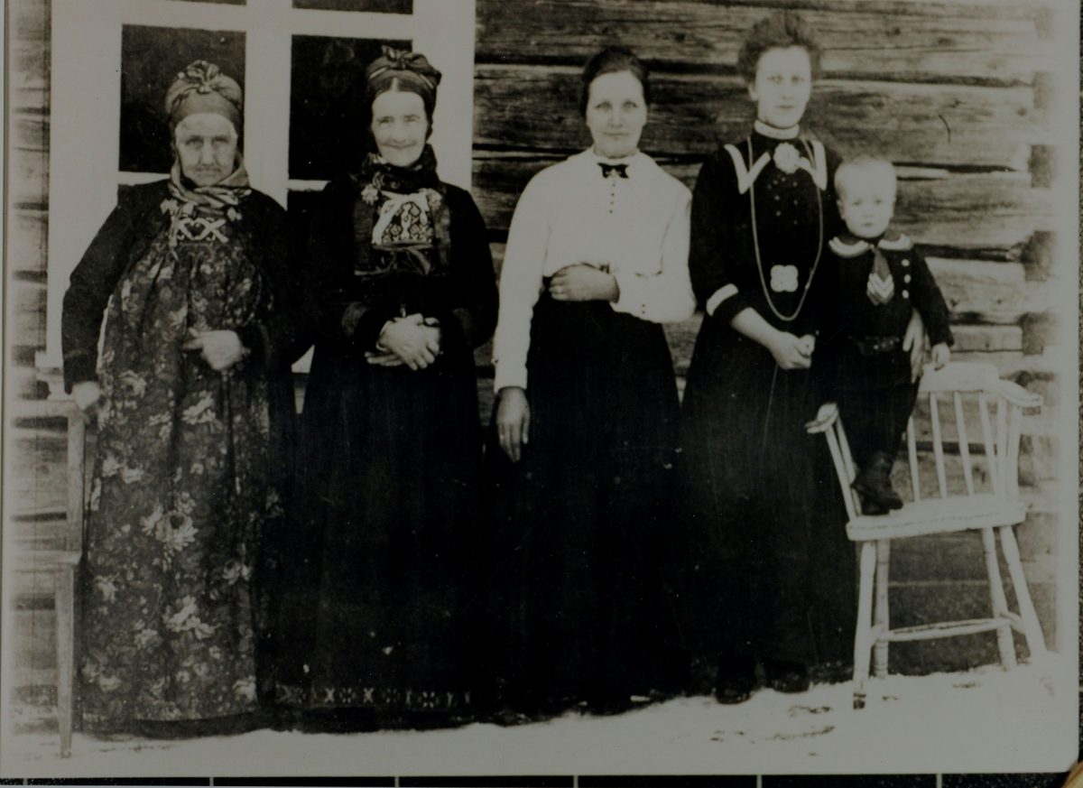 Gruppe,bunad og smykker.
frå v,Birgit Aslesdtr.Hesla Haugstad,Guri Ivarsdtr.Haugstad Roe,Ambjør Olsdtr.Ro Tufto,,Birgit Sandersdtr.Tufto Ødelien og Sander Olson Ødelien.
5 generasjoner teke ved den søre stugu på Roe nørdre,den står på Tunnetjern.