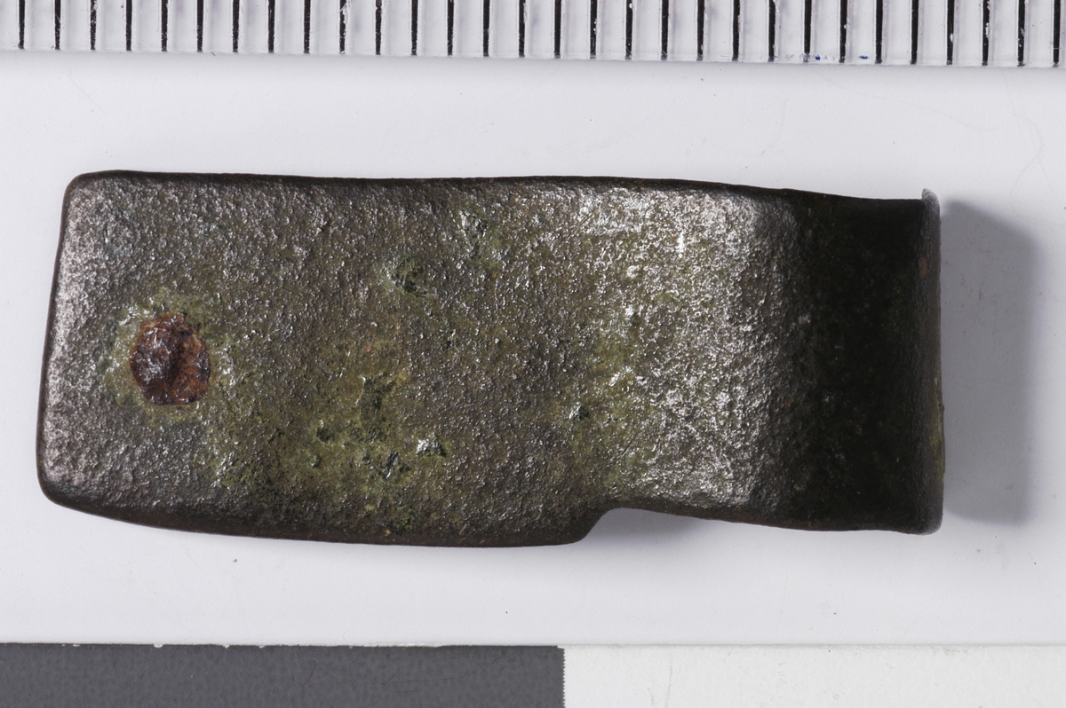 MALV: L. 25 MM  B. 10 MM, BÅNDFORMET UTEN DEKOR. REST AV EN NAGLE I ENE ENDEN. DEN ANDRE ENDEN ER OMBØYET. 