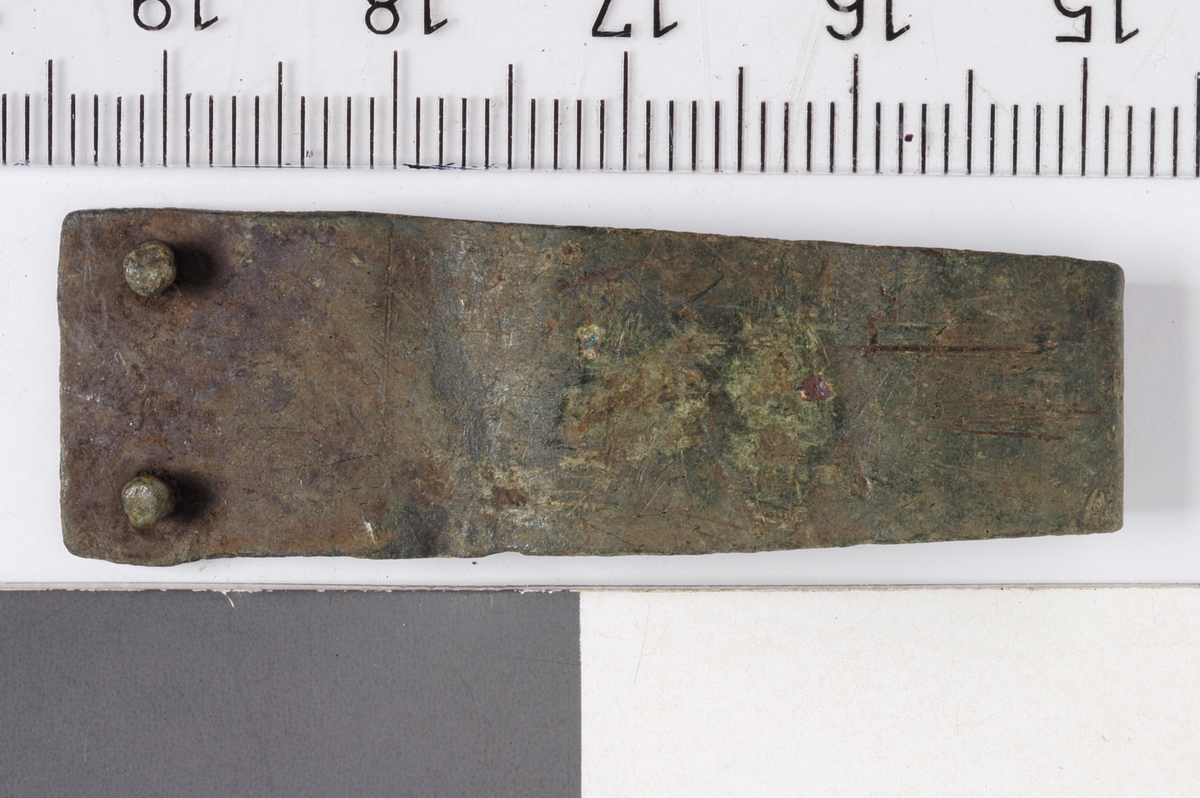 MALV: L. 46 MM B. 15 MM, SVAKT TRAPESFORMET PLATE MED TO NAGLER I DEN BREDESTEENDEN, OMBØYD I DEN SMALESTE ENDEN. 