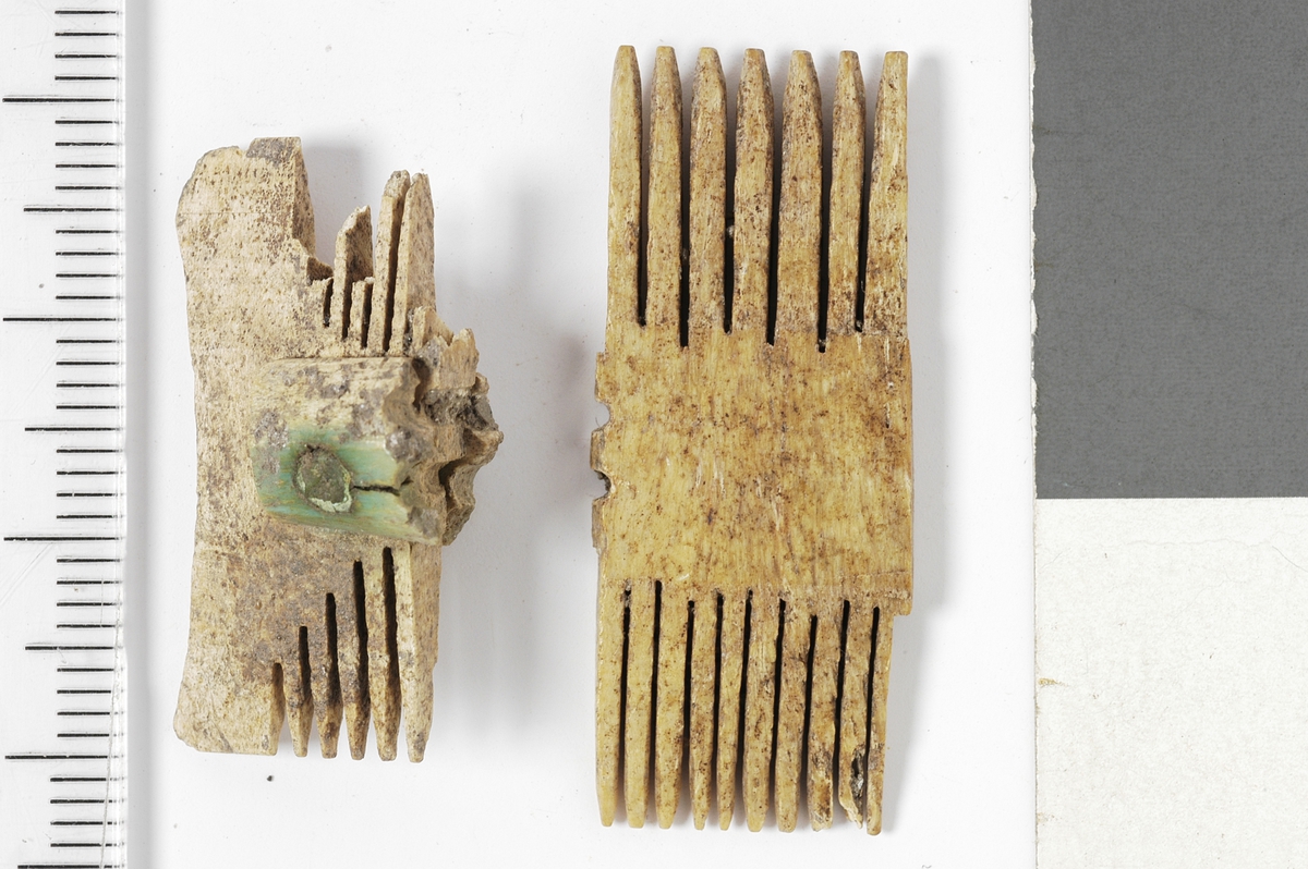 MÅL: H. 2, 7 CM, ENDESTYKKET PÅ DOBBELTKAM MED EN STUMP AV MIDTSKINNE PÅ HVER SIDE. GJENNOMGÅENDE BRONSENAGLE. ENDESTYKKET ER KONKAVT.