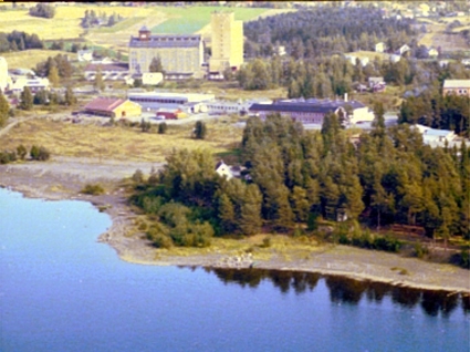 Hamar, flyfoto, Martodden, Thune Maskin som tok over etter Ma-Tro-Fa, skogen til Hamar Camping med eindommen Strand 1/1081, Statens kornsilo i bakgrunnen,