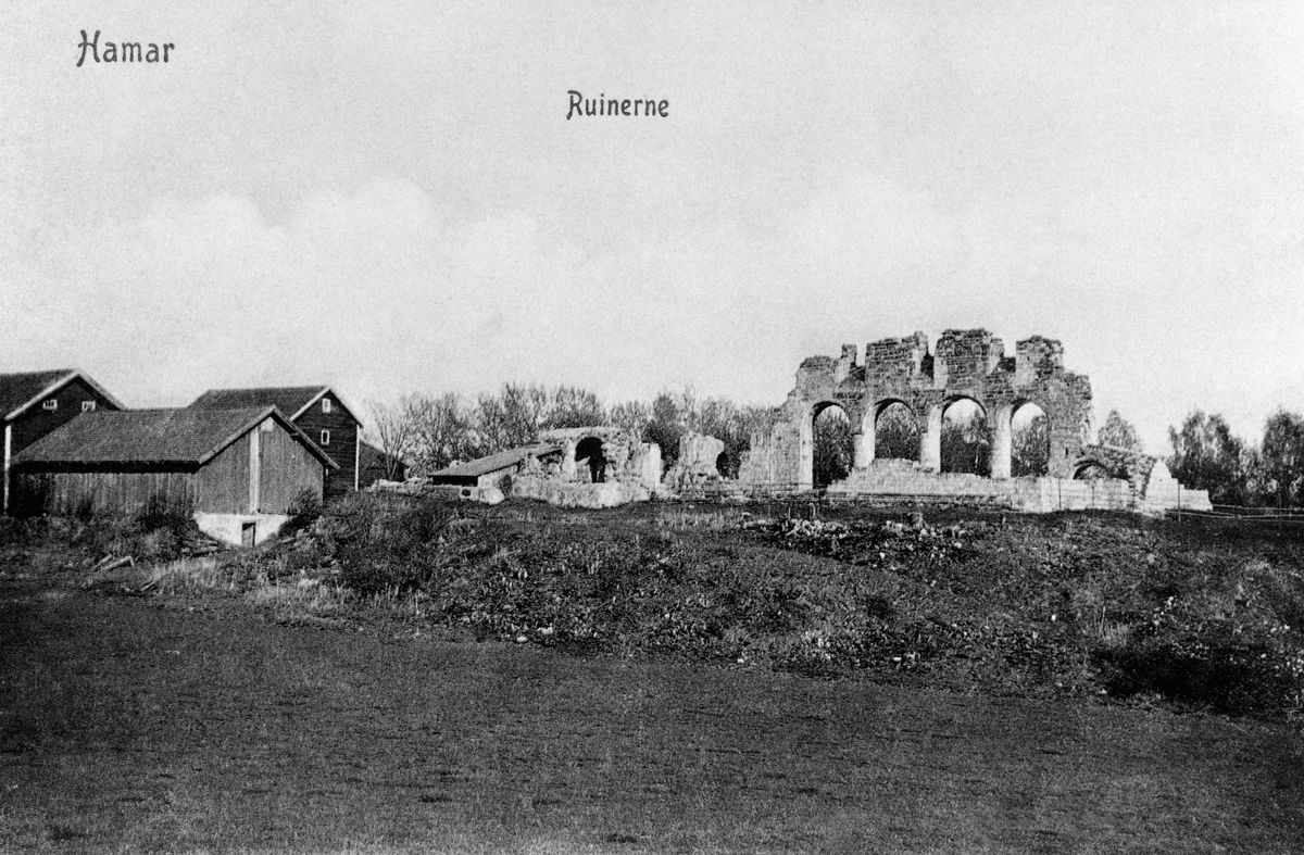 Postkort, Hamar, Domkirkeruinen på Domkirkeodden, Storhamar gård, stabbur og låve,
