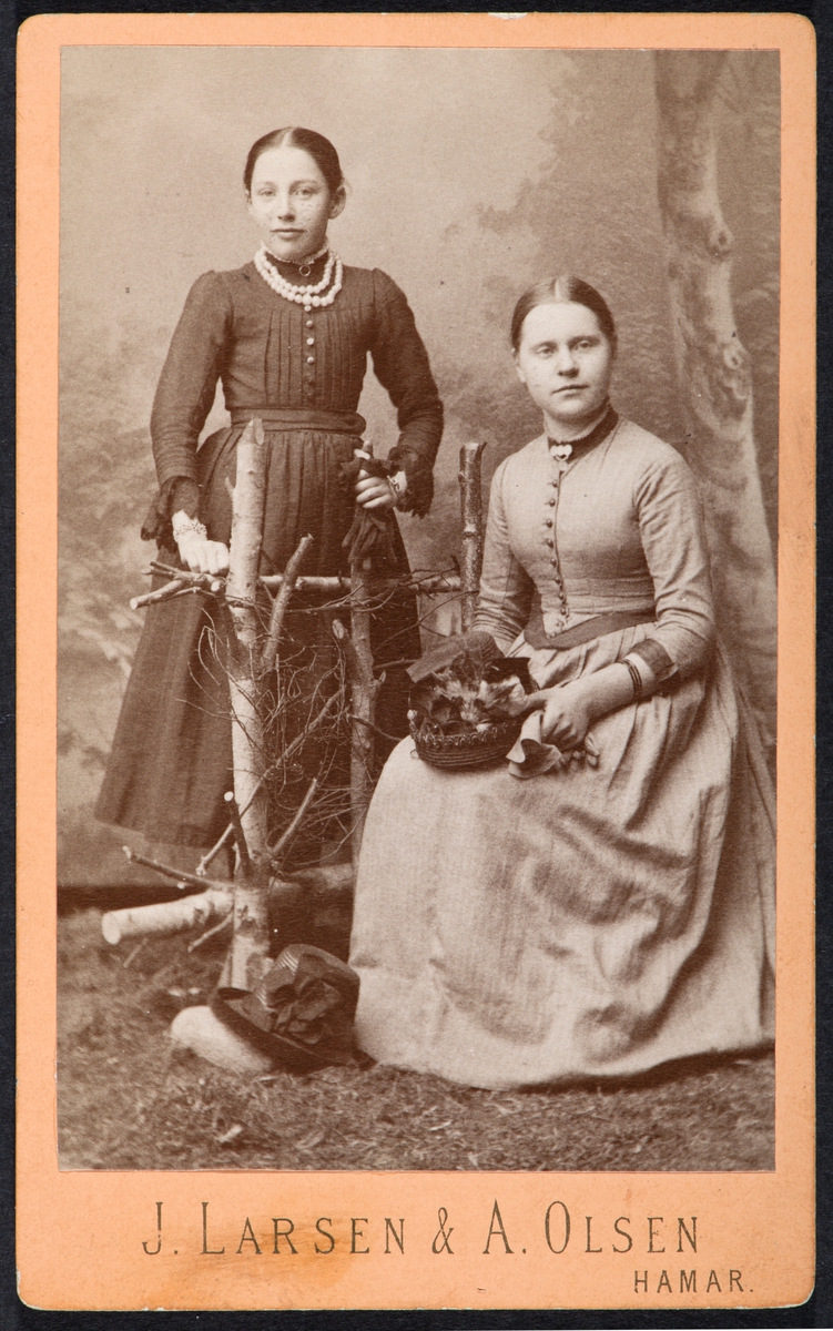 Visittkort. gruppe 2 kvinner i studio. Kvinnedrakt. t. v. datter av skredder Pedersen. T. h. Ingeborg Pedersen Dobloug. 