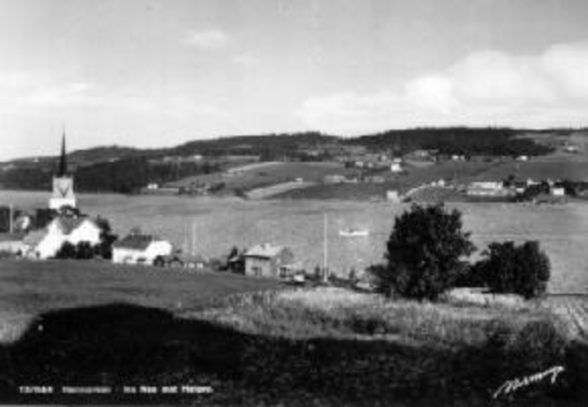 Postkort, Utsikt mot Nes kirke, Nessundet og Helgøya.