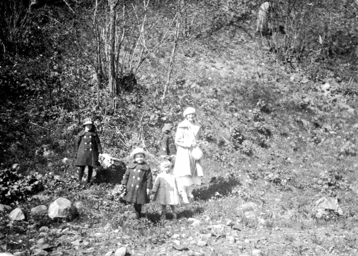 Barn og voksne fra familien Løken på Granerud, Brumunddal på biltur i Bjørgedalen, Furnes. Stopp for å plukk blomster.