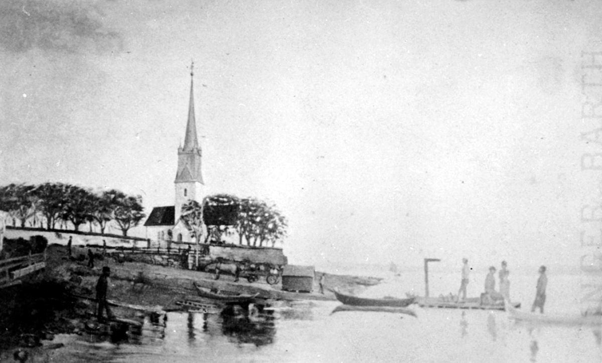 Kopi av maleri med Nes brygge og Nes Kirke, Nes, Hedmark. Folk og båter.