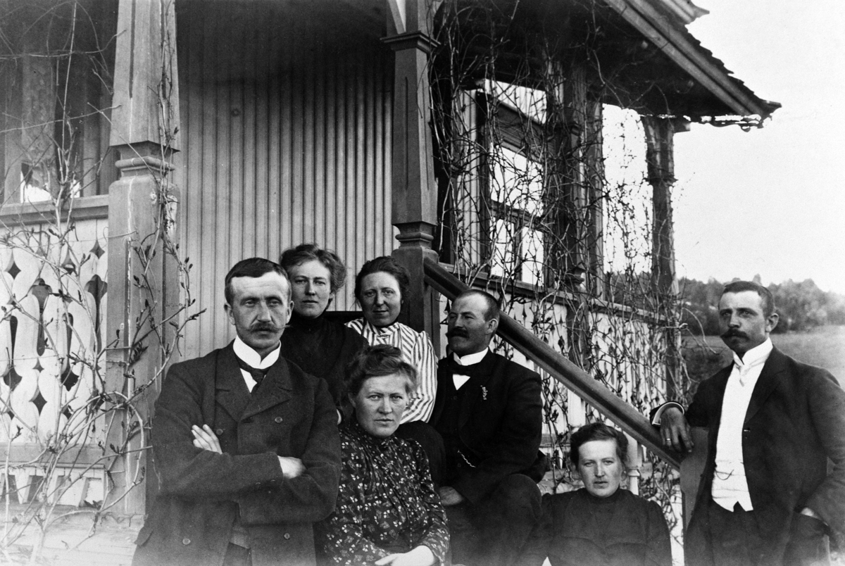Ringsaker, Veldre, Haugen, gruppe fra venstre er Ole Hersoug (1880-1943), foran: Wilhelmine Mimi Løken (1876-1953) bluse med blomster. Bak Ole: hans kone Antonette Tulla Hersoug født Ring(1883-), Agnethe Ring født Jahren(1878-1949) i stripete bluse gift med Barthold Ring (1881-1951) med svart sløyfe, Antonette Lally Skappel født Ring (1877-1946) nederst i trappa til høyre og mannen Halvor Skappel (1872-1943) helt til høyre,