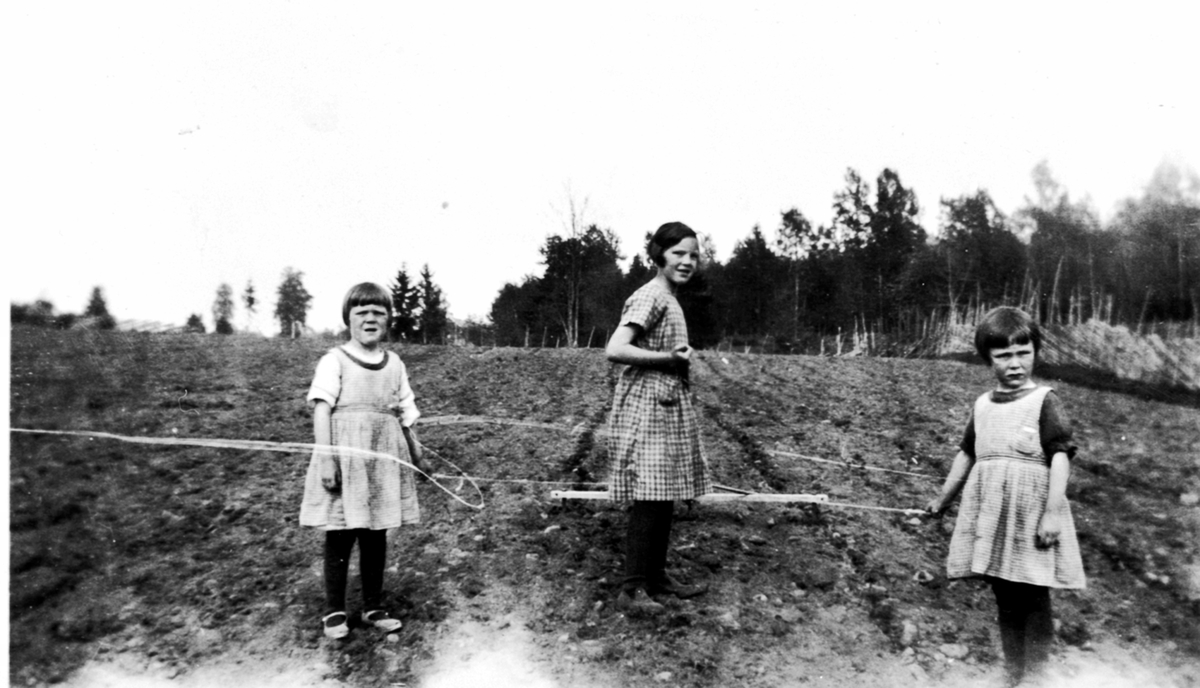 3 barn riper opp til såing av turnips i Bakkom, Mengshoel, Nes, Hedmark. Dette er vel trolig Sigrid Sørbo f.1927 med tvillingene Ingrid Synnøve og Anna Olaug født 1931.