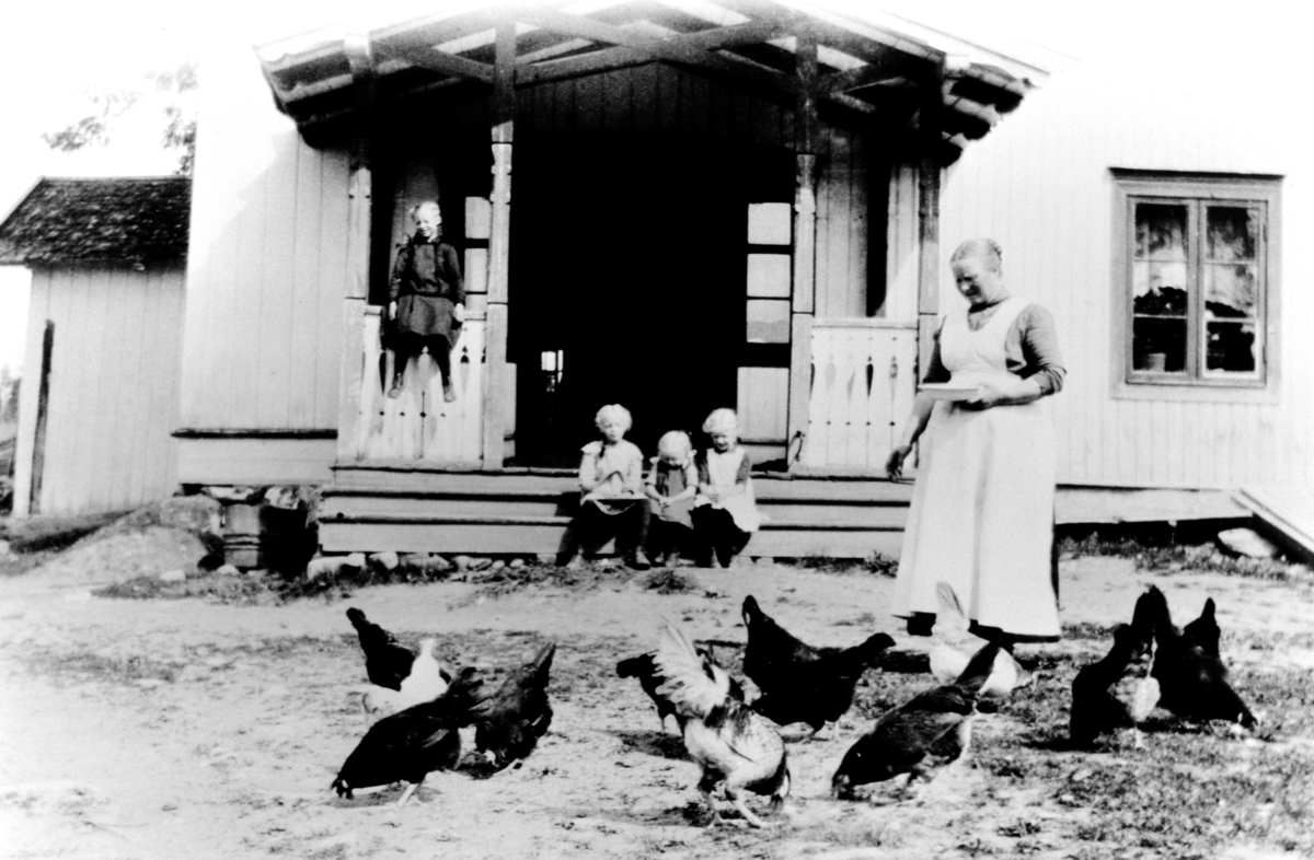 Gunda Fossum f.1874 forer høner på tunet på Nar-Holo gard, Ringsaker. Barna er Karen f.1909, Dorthe f.1911, Lina f.1915, Gudrun f. 1913 gift Freng.