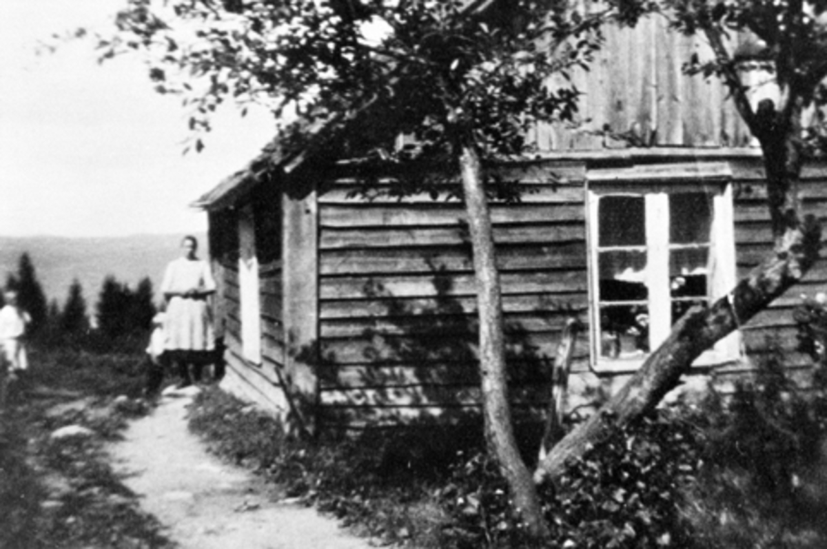Eksteriør av bolig i Evenstad, Nes, Hedmark. Foran huset er søsknene Marie (1899-1951), Ludvig f.1911 og Torstein (1917-1981) Guldberg.