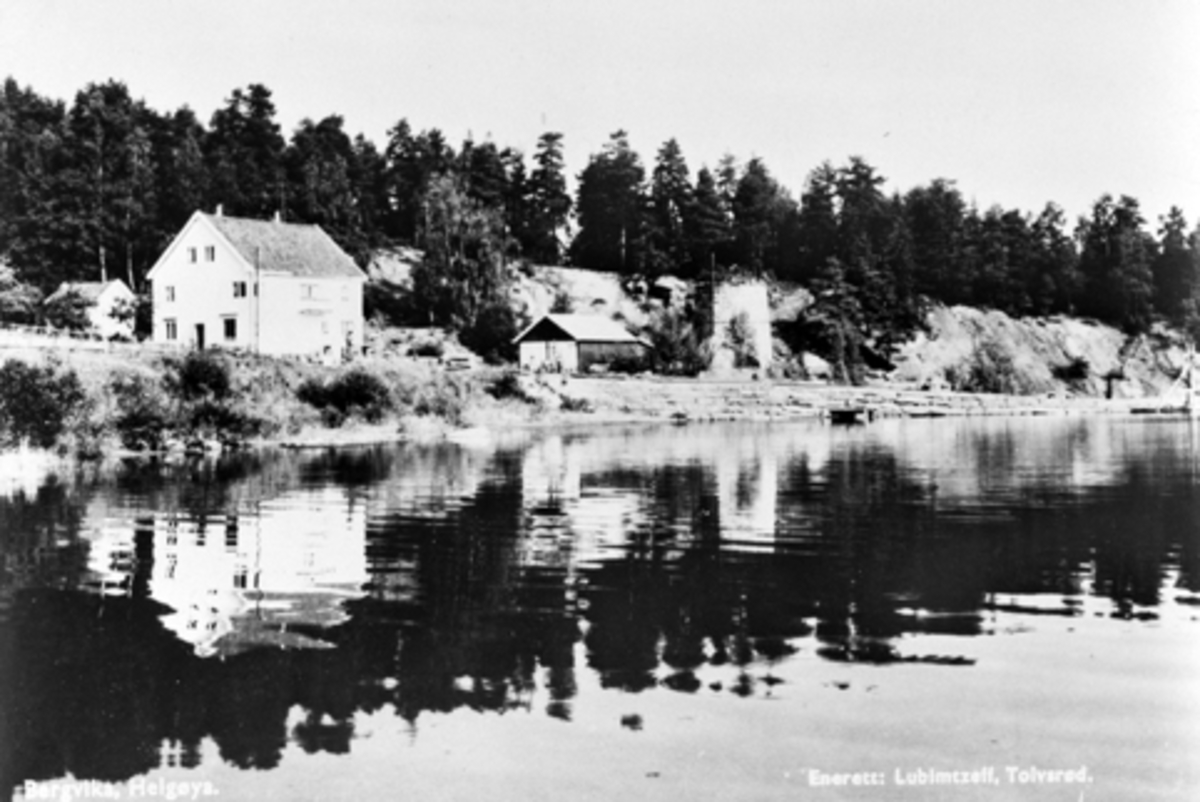 Postkort fra Bergevika, Helgøya  med landhandel som ble startet opp i 1930 og nedlagt i 1971. Kalkbrenneri med Nordre ovn som ble bygd i 1897. Brygge med fast ankomst av Mjøsbåter stod ferdig her i 1923.