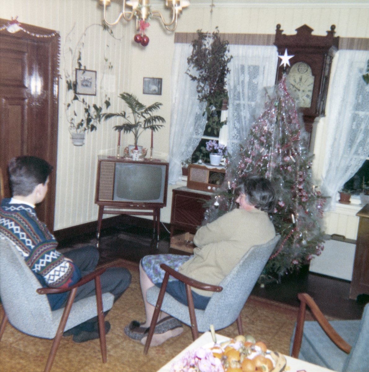 TV'ens tidsalder har begynt på Tomter.  
Ole Jacob Tomter og mor Karen Tomter foran ny T. V. i stua på Søndre (Ner) Tomter I 1963. 