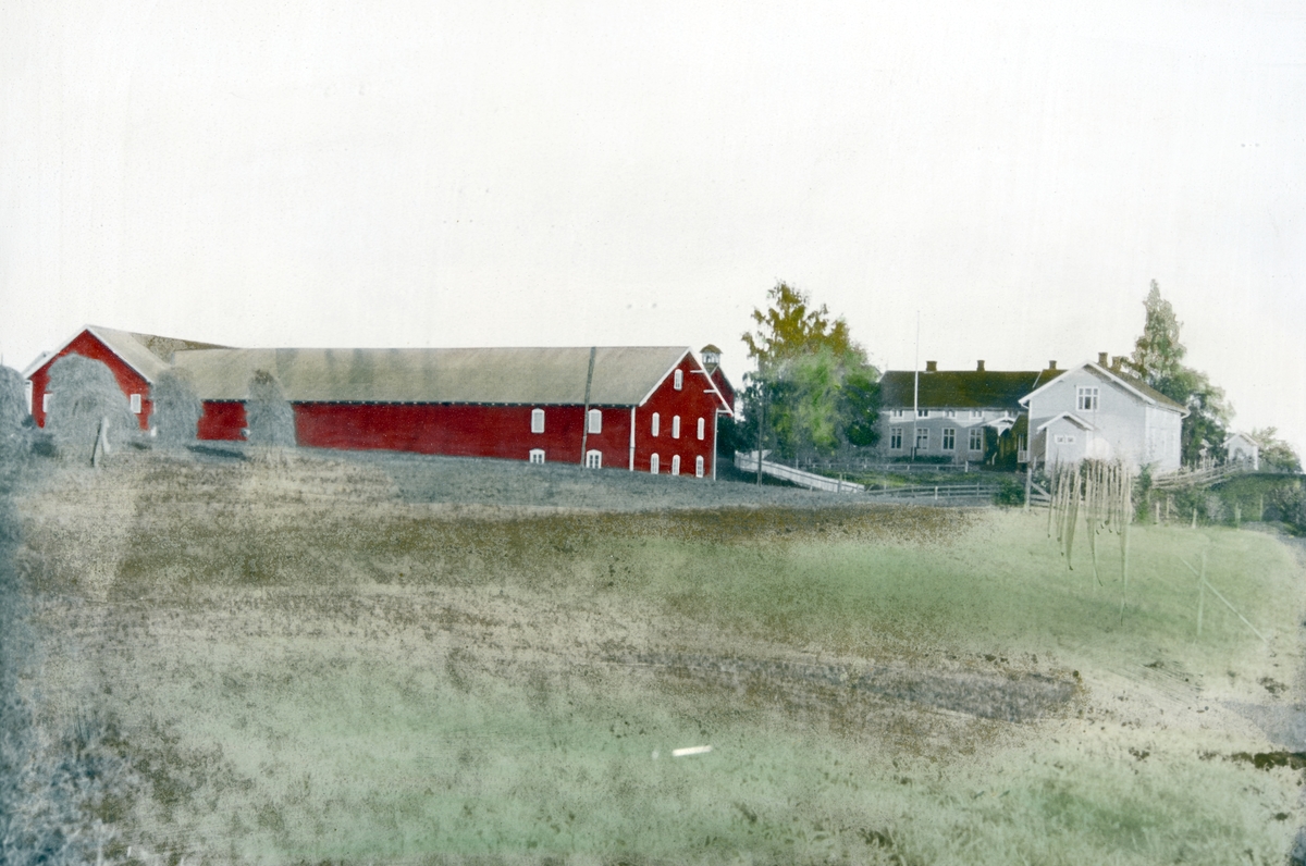 Vestre Blystad. 73/1 Vang H. Føderådsbygningen til høgre er satt opp i 1916, hovedbygningen i 1900, låven i 1880 og fjøset i 1926. Fjøset er restaurert i 1968. Bak ser vi gammelbygningen med klokketårn. Børre og Oline bodde der de første tjue åra de brukte garden. Håndkolorert. 