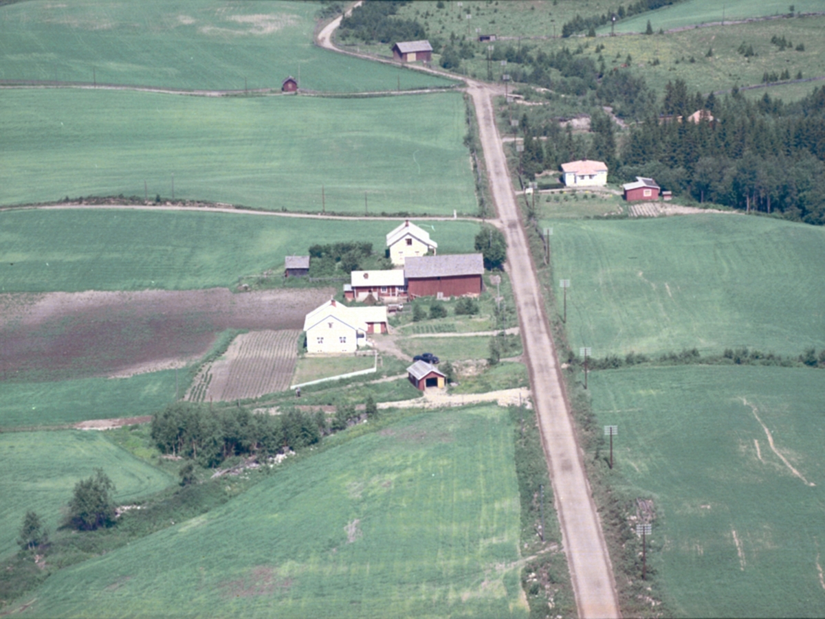 Flyfoto Norrøne gård, Løten. Lyngheim (Gnr 0415-45/6) nærmest (Brandsrudvegen 102). Deretter Norrøne (Gnr 0415-45/4) like bak (Brandsrudvegen 106). Bak Norrøne følger oppkjørselen til Røne (ikke Stafseng). På høyre side av hovedvegen, rett etter avkjøringen til Røne, ligger Bekkedal (Gnr 0415-46/3). Oppkjørselen til Stafseng skimtes i bakgrunnen, der hovedvegen svinger til venstre, med et lite uthus et stykke oppe i vegen. Dette uthuset er nå borte, men kan sees på flybilde fra 1968.
