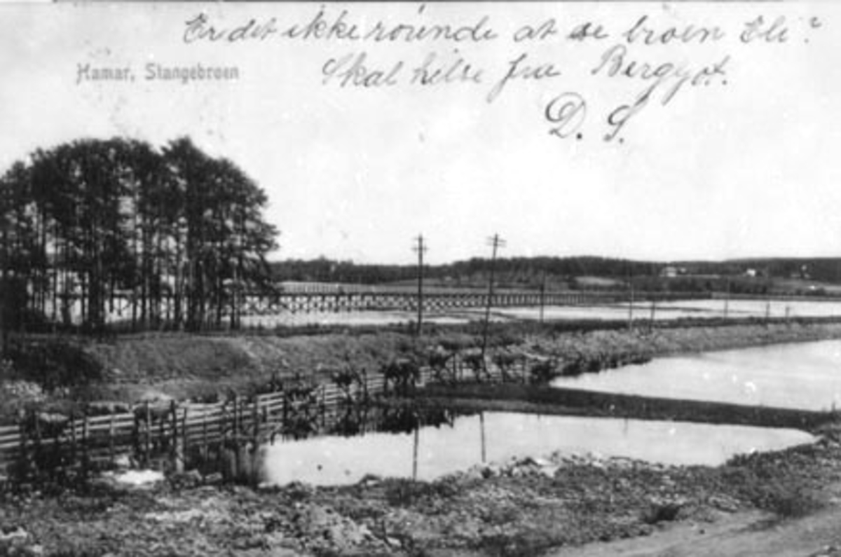 Postkort, Hamar, Stangebrua over Åkersvika, den gamle trebrua, jernbanebrua ut fra Espern,
