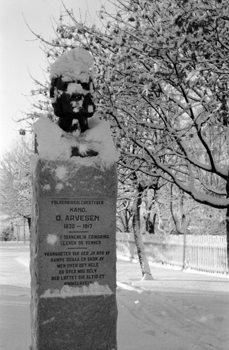 Hamar, Strandgatehagen statue - byste av redaktør og folkehøgskolebestyrer Olaus Arvesen (1830-1917), lagd av Hamarkunstneren Nils Flakstad,