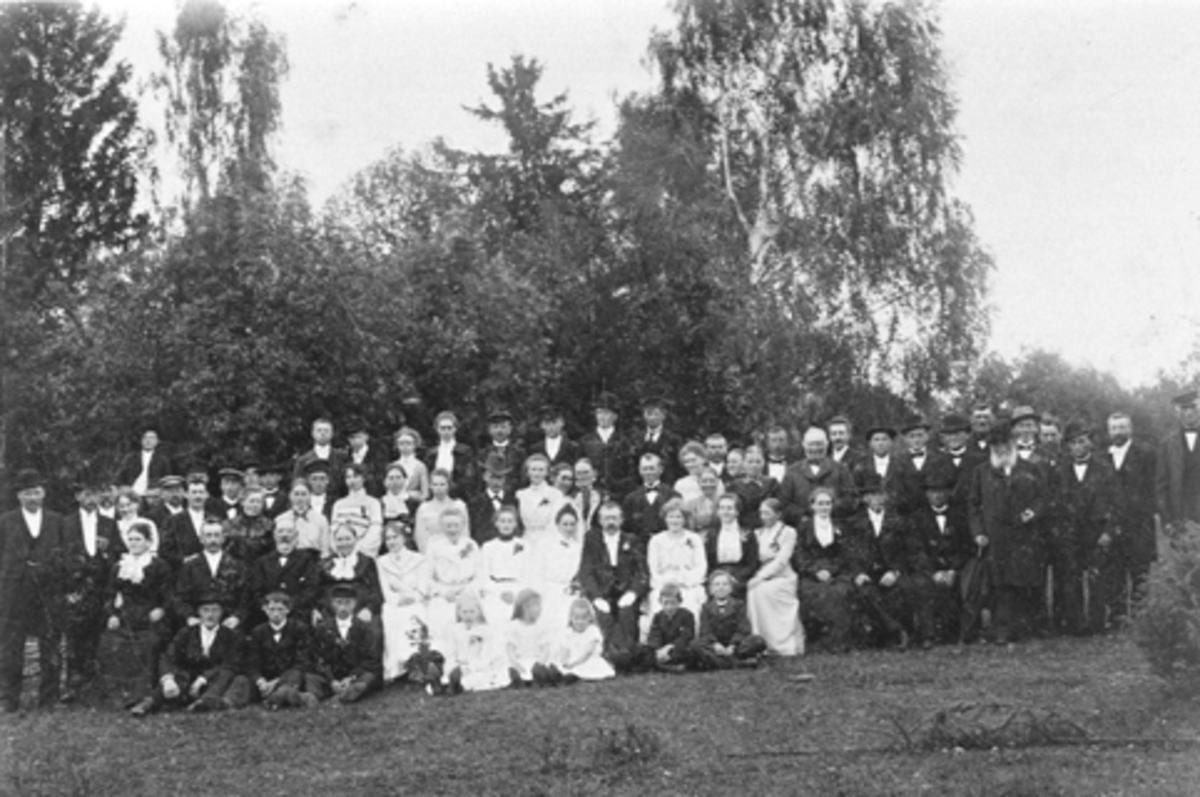 Ringsaker, Nes, Staboe-Eeg, Helgøya, gruppe brudepar med bryluppsgjester. 1903.