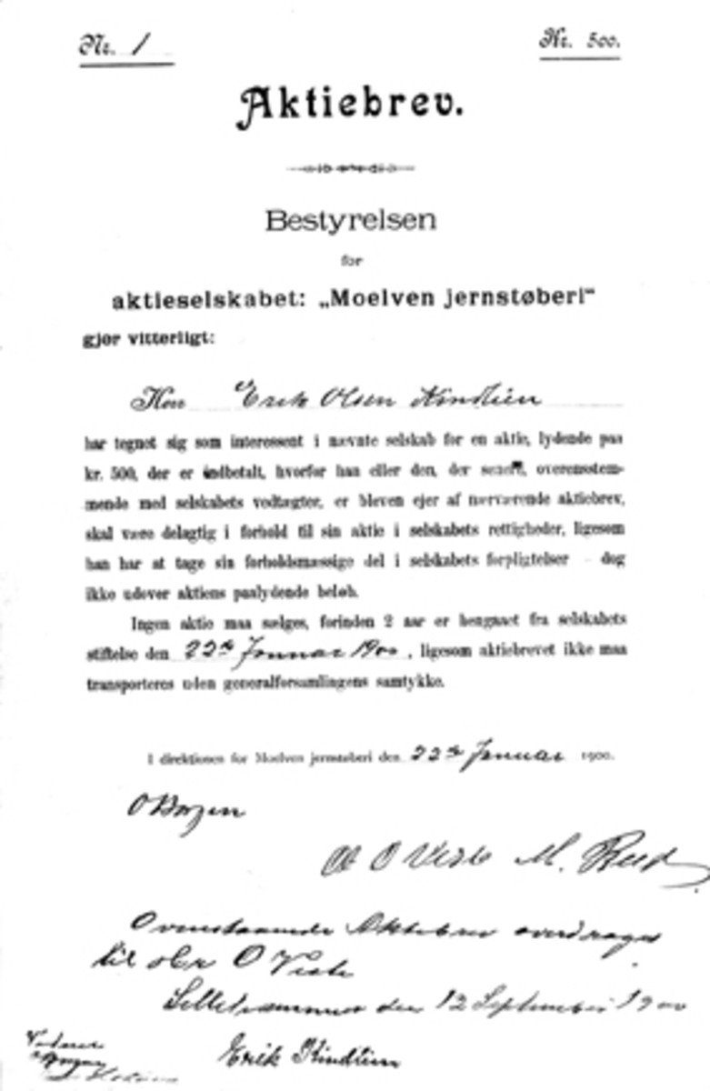 RP. , AKSJEBREV NO. 1, MOELVEN JERNSTØBERIAKTIEBREV