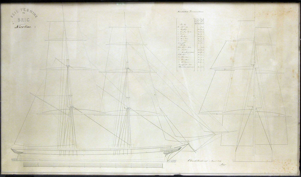 Båttegning (teknisk) til bark "Nicoline". Seiltegning.