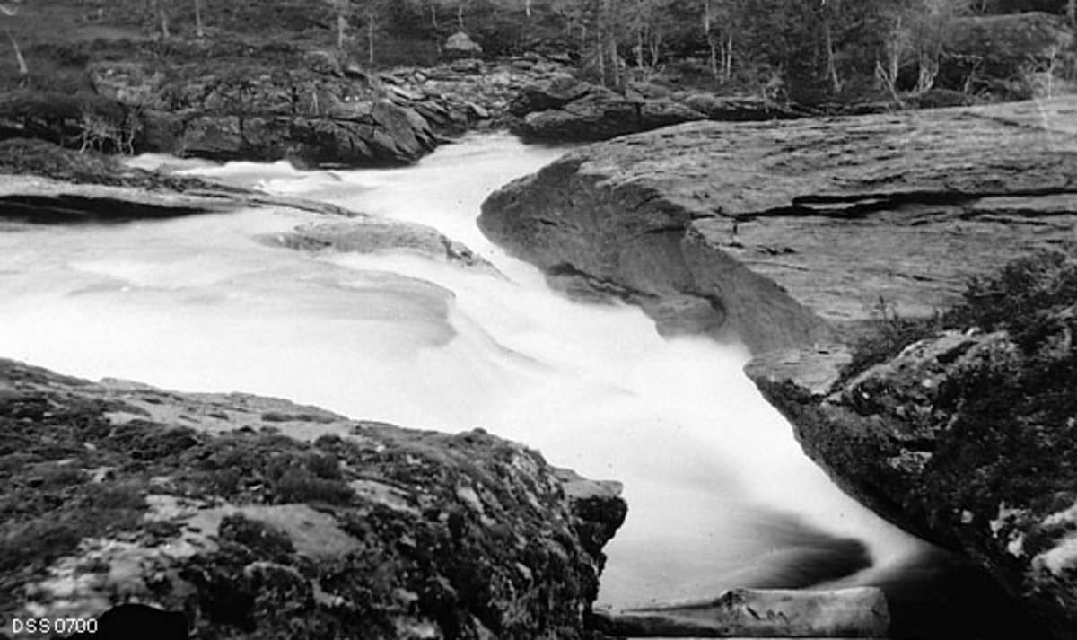 Parti fra Bleikvasselva i Hemnes kommune på Helgeland, antakelig fotografert i 1908.  Bildet viser et sted der elva fosset kvitskummende mot ei kløft i berget og med en overhengende bergnabb.  Fotografiet er antakelig tatt for å dokumentere en lokalitet der topografien i elveløpet skapte vanskeligheter for tømmerfløtinga fra skogene i Bleikvassli.  Daværende skoginspektør på Helgeland, Ivar Ruden, fikk i februar 1909 skogdirektør Michael Saxlunds aksept for å bruke 500 kroner på reguleringstiltak som skulle gjøre det mulig å fløte tømmer fra Bleikvasselva over i Røssåga.  Ruden organiserte sprening av steinskjær og bergknauser ved elva, og han sørget også for at innløpene til en del sidegreiner hvor det ikke ble fløtet nyttevirke ble gjentømret.  Arbeidet kostet 300 kroner, altså bare 60 prosent av de midlene som var stilt til disposisjon.  Før disse reguleringsarbeidene ble igangsatt ble tømmer og ved fra statens skoger i Bleikvassli solgt på elvebakkene langs Bleikvasselva, i praksis bare til lokale kjøpere.  Etter at man fra 1910 fikk gjort vassdraget lettere fløtbart, fikk en virket over i Røssåga, noe som gjorde det tilgjengelig for flere kjøpere, noe som også innebar muligheter for høyere priser.