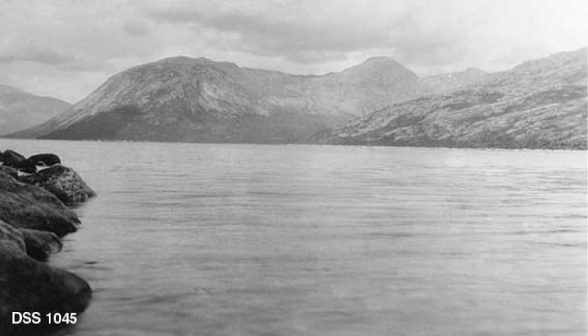 Fra Heggmoen statsskog.  Fotografiet viser en fjord, omgitt av fjellrygger der det står en del skog på flatene nærmest vatnet.  Ifølge kartotekkortet er bildet tatt i retning Stordalen. 