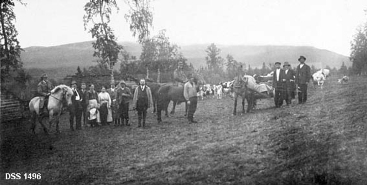 Grong gruvers direksjon på befaring.  Fotografiet er tatt på en grasvoll med et par lave laftehus i bakgrunnen, antakelig sæterløer.  To menn sitter på hester, en holder en hest, en hest trekker ei kjerre, og flere mennesker står mellom hestene.  Dette er dels dresskledde herrer, dels kvinner og barn med antatt lokal tilhørighet.  Bak menneskene skimtes en krøtterflokk