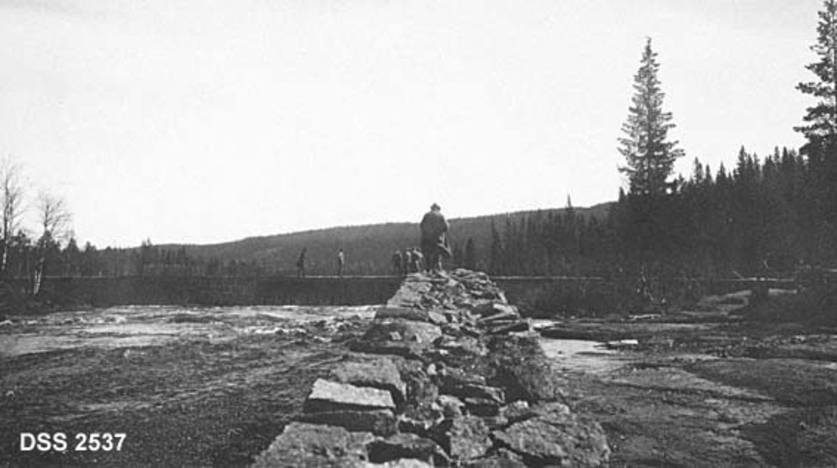 Mjovassdammen i Siljanvassdraget med steinskjerm, bru eller damkonstruksjon i bakgrunnen, landskap med granskog.  Men på skjerm og bru, 