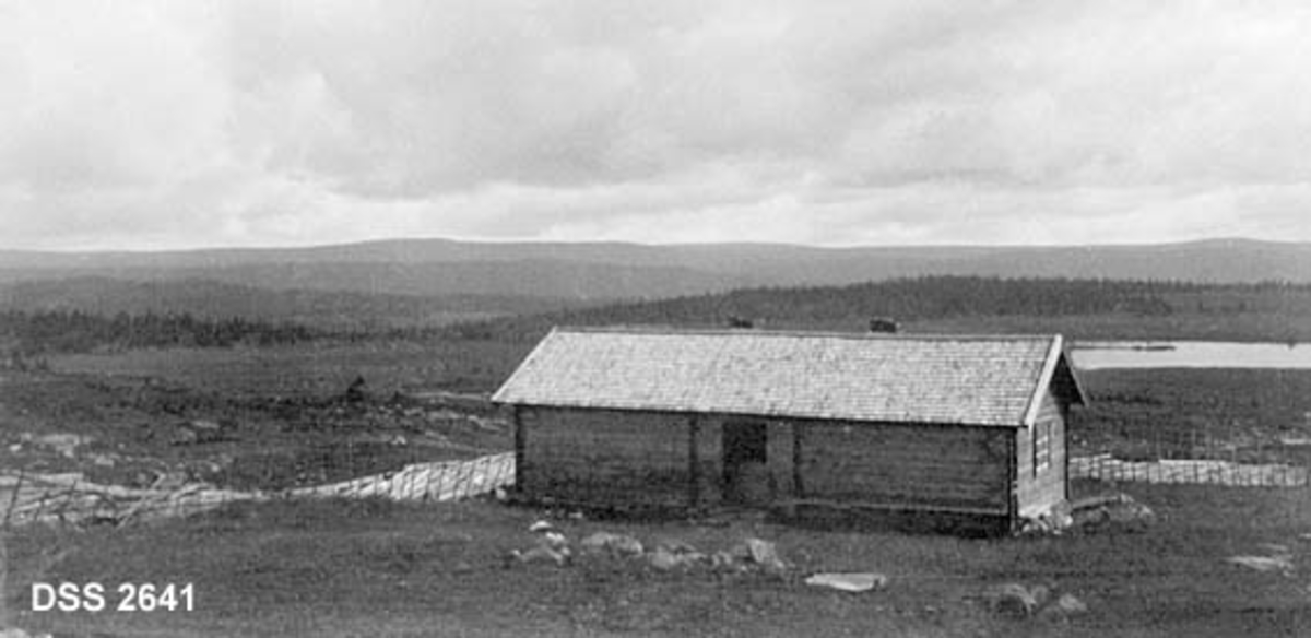 Sæterlandskap med størhus (sæterbu) av midtgangstypen med flistak i forgrunnen.  Sætervollen er omgitt av skigard, i bakgrunnen Hornsjøen og de lave, skogkledde åsene i Åstdalen. 