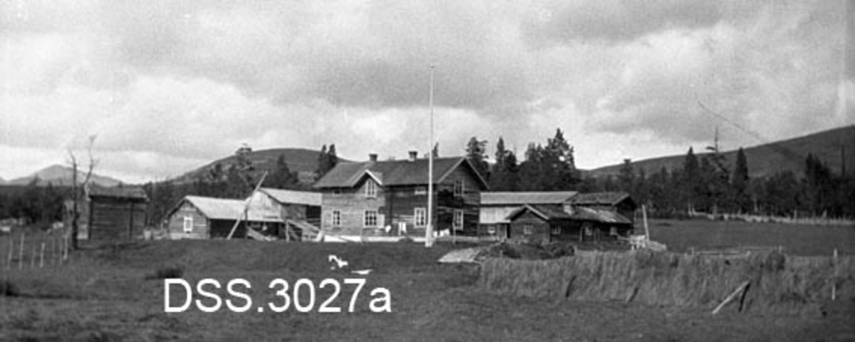 Fra garden Valdalen i Elgå-grenda i Engerdal.  Fire ulike opptak fra samme miljø: a.  Gardstunet på Valdalen med vånings- og driftsbygninger av laftetømmer, høyhesjer i forgrunnen til høyre. b. Beboerne på Valdalen foran driftsbygning med laftet 1. etasje og 2. etasje i bordkledd bindingsverk.  Menneskene i forgrunnen er trolig ei tjenestejente, samt Martin Martinsen (1883-1929) og Kristina Olsson (1888-1959) Waldal med sønnene Martin (1916-1998) og Olav (1911-1937). Laftet våningshus i halvannen etasje, mesaninvinduer på langsidene, ark på taket, kvitvask på tørkesnor og beboerne Martin Martinsen og Kristina Olsson.  Bygningen later til å være omøkset, og muligens tilbygd i lengden.  d. diger, kvistrik furu øst for garden