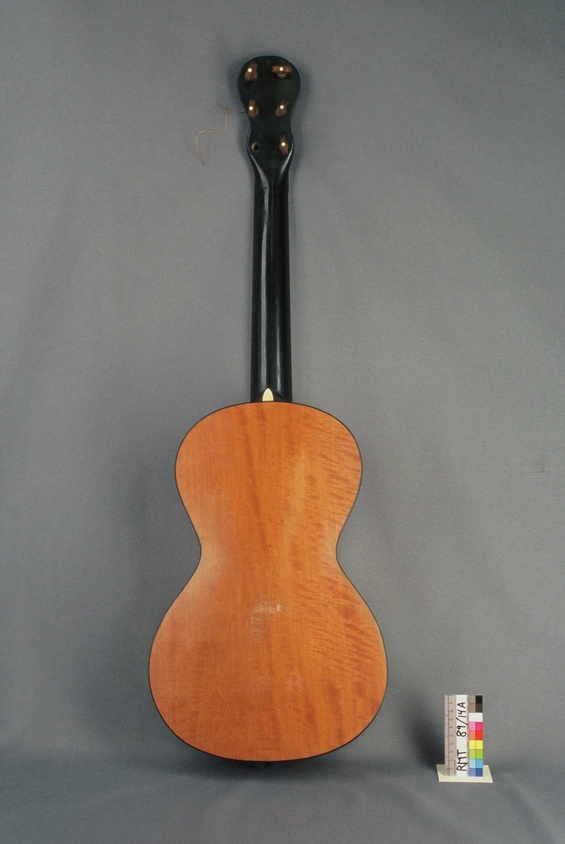 Lokk av gran, bunn og sarger av lønn. Lokket er kantet med dekor i form av fem smale striper av mørkt tre, og en bredere hjørnelist av ibenholt. Lydhull kantet med dekor i form av innlagte biter av perlemor og mørkt tre. En endeknapp av ibenholt.
Strengeholder/stol av ibenholt. Dekorert med perlemor (delvis skadet), og på hver side øyne av ibenholt som også har vært dekorert med perlemor (mangler). De seks strengene er festet til holder ved hjelp av stifter av ibenholt, to mangler. Stol i form av smal elfenbenslist. Hals av mørkt, beiset tre. Med dekorplate av elfenben på baksiden av hælen mot bunnen. Halsen ender i en skrueplate med svunget omriss. Seks bakoverstilte stemmeskruer i buksbom med elfenbensøyne, en skrue mangler.
Gripebrett av ibenholt, oversadel av elfenben. 20 innfelte metallbånd. Fire tverrgående ribber på undersiden av lokk og på bunnen.