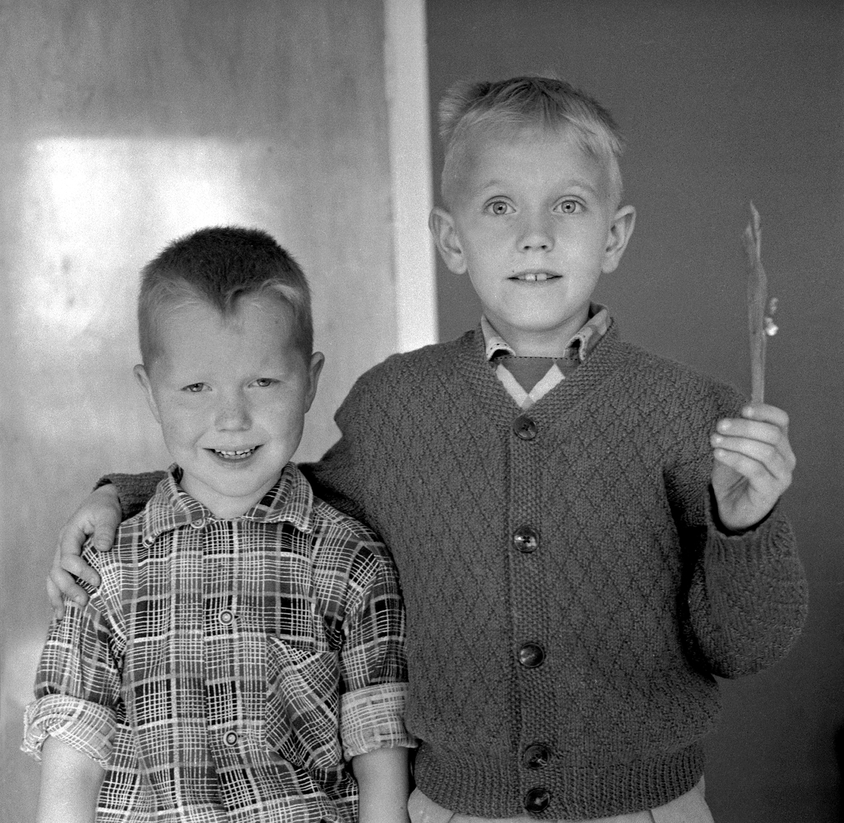 ØYVIND TEIG (T. H. ) 8 ÅR OG GEIR MOEN 7 ÅR FRA HAMAR HAR FUNNET LILJEKONVALL PÅ DISEN. (HS 20. MAI 1959) KOMMUNE:HAMAR DATO:19. 05. 1959 FOTO:EGIL M. KRISTIANSEN 
 
