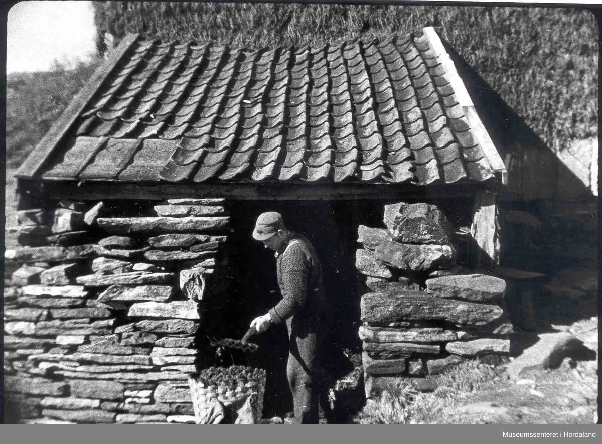 Havrå.Mann med møkkagreip. Mottinghus i stein. Flor med brakekledning i bakgrunnen. Kipe. Takpanner. 