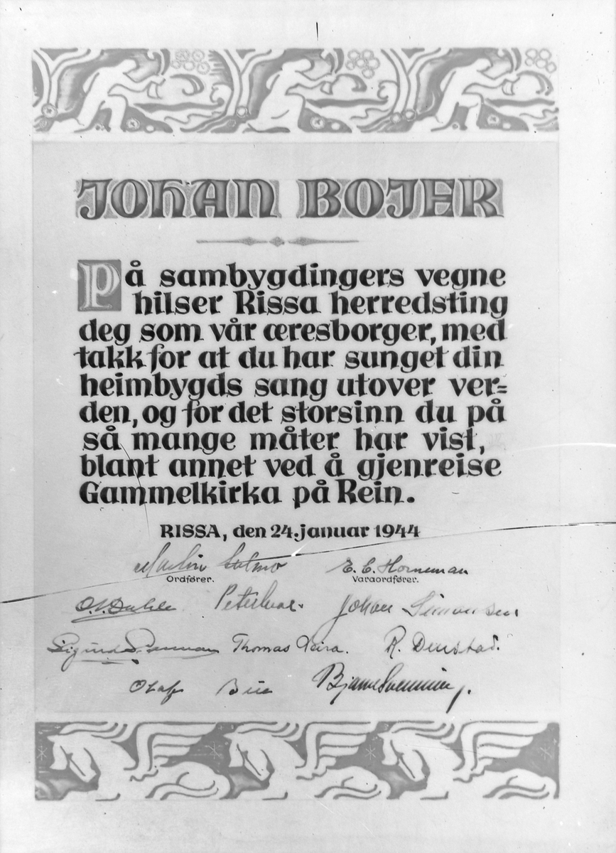 Adresse til Johan Bojer fra Rissa Herredsting