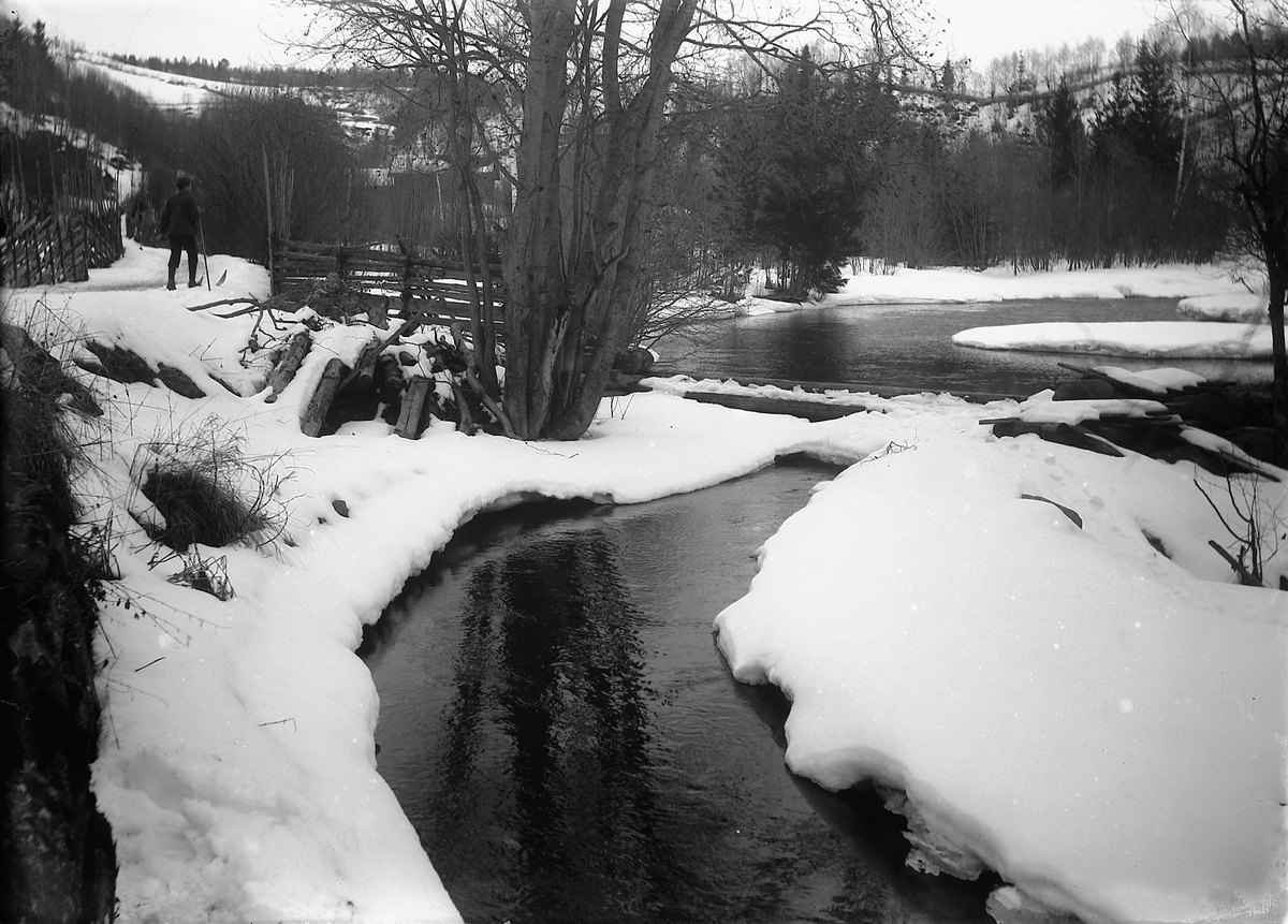 Ringsaker, parti langs Moelva, vinter, gutt på ski,