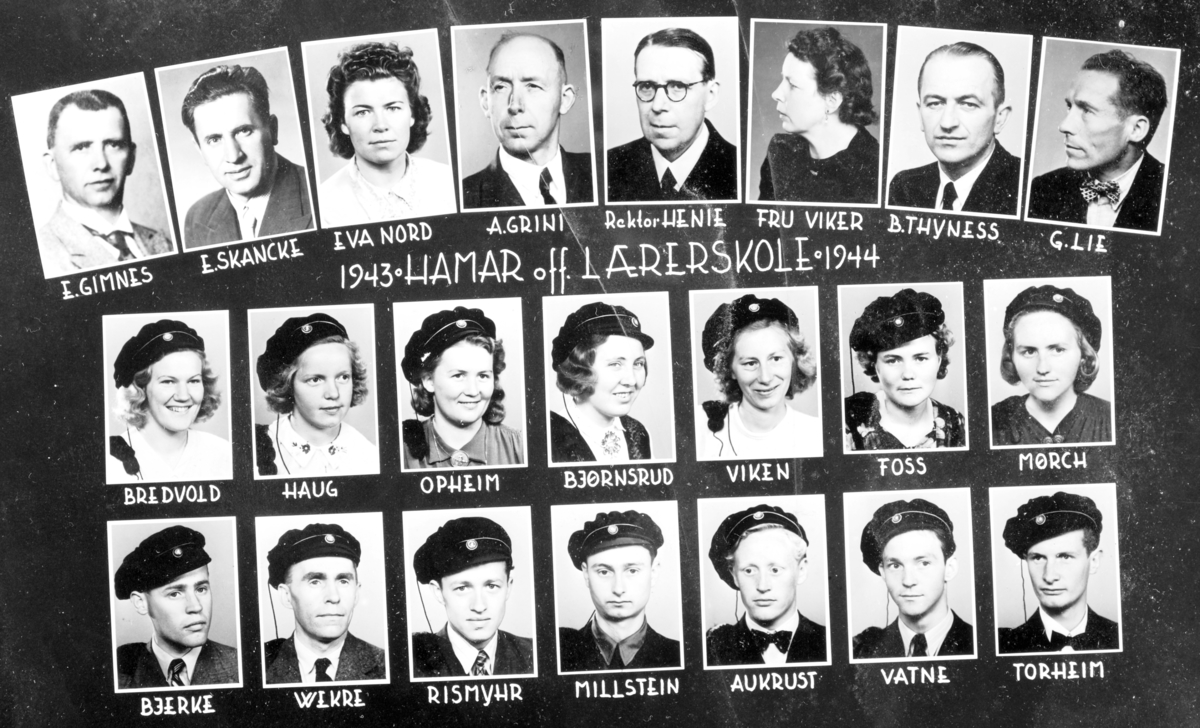 Gr: studenter, Hamar off. Lærerskole, lærere, montasje, 1943-44. Hamar. 

Øverst fv: E. Gimnes, E. Skancke, Eva Nord, A. Grini, rektor Henie, fru Viker, B. Thyness, G. Lie. 
2. rekke fv: Bredvold, Haug, Opheim, Bjørnsrud, Viken, Foss, Mørch. 
3. rekke fv: Bjerke, Wekre, Rismyhr, Millstein, Aukrust, Vatne og Torheim. 