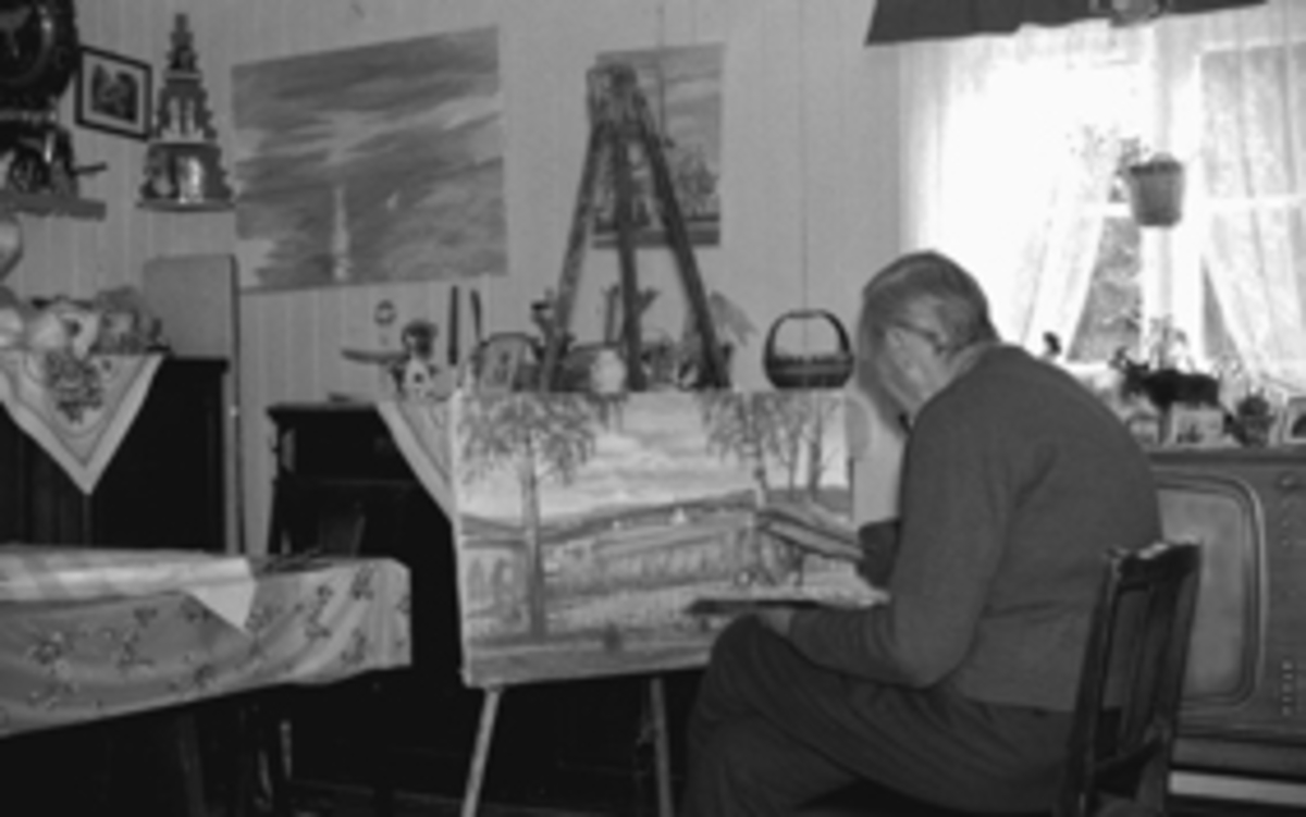Ringsaker, Kjosdalen, Hamborg i Ulvegutua, kunstmaler Even Framdal ved staffeliet
