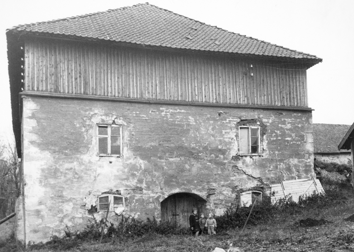 Storhamarlåven, forfall, østveggen, (i dag aula) Hedmarksmuseet, Domkirkeodden, Hamar. Tre barn: Alexander Lyche og Emma Betty Lyche og ukjent
