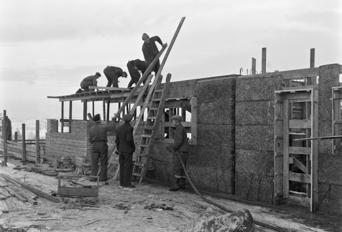 Østlandske Vanførehjem, Ottestad. Håndverkere under arbeid med oppføring av bygget. 12. 12. 1947. 