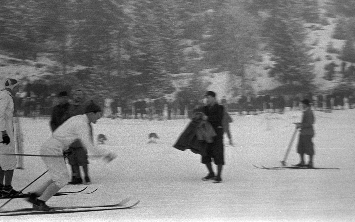 NM. Norgesmesterskap på ski, langrenn på Høsbjør i Furnes 1949. Skisport. Vinteridrett. Ukjent langrennsløper i sporet, veksling på stafett?