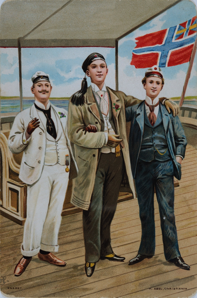 Julekort. Tre gutter, studenter. 