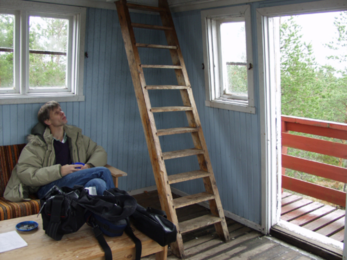 Skogbrannvakttårnet på Hauknesfjellet i Rømskog i Østfold.  Fotografiet ble tatt i forbindelse med oppmålingsarbeid da Norsk Skogmuseum begynte å arbeide med planer om å bygge en kopi av tårnet på museumsområdet i Elverum. 

Tårnet på Hauknesfjellet ligger 335 meter over havet med fin utsikt over vide skogtrakter.  Det første tårnet på dette stedet ble reist i 1909, det neste i 1928.  Det avbildete tårnet skal etter informasjon i forsikringsselskapet Skogbrands arkiver å dømme være bygd i 1953.  Det er reist på et skjellett av stolper (rundtømmer) som er kledd med rødmalt horisontal bordkledning (vestlandspanel).  I den øvre delen av tårnet er det innredet to rom - et oppholdsrom med utvendig balkong på fire sider og et overliggende utkikksrom under en takhatt med vinduer i alle himmelretninger.  Dette fotografiet er tatt i oppholdsrommet i den øvre delen av tårnet.  Helt til høyre ses døra ut mot den utvendige balkongen.  I hjørnet midt på bildet fører ei bratt trapp opp til utkikksrommet øverst i tårnet.  Veggene er malt med lyseblå maling, mens golv- og taklister, dør- og vindusomramminger er kvitmalte.  Jernstenger på tvers av vindusåpningene kan tyde på at tårnet har hatt vinduslemmer vinterstid.  Til venstre på fotografiet sitter konservator Bjørn Bækkelund fra Norsk Skogmuseum.  Sofaen han sitter på og salongbordet der han har fotoutstyret sitt ble innsatt av grunneier Johs. Ramberg etter at brannoppsynet hadde opphørt og tårnet var tatt i bruk av turgåere. 