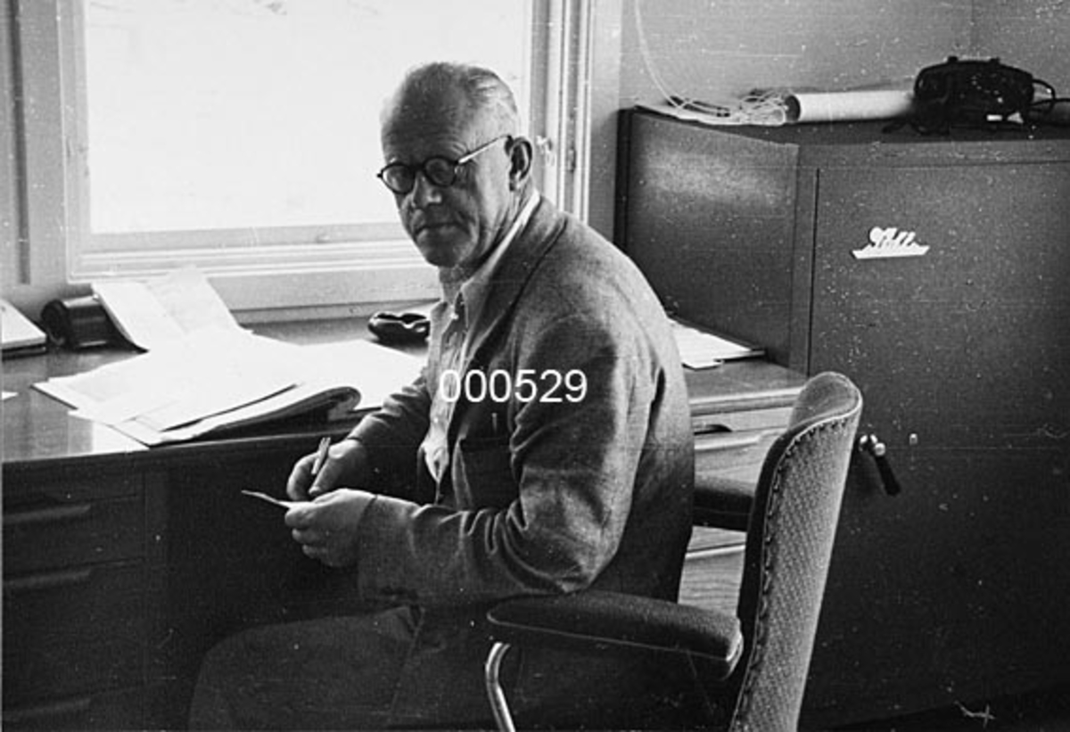 Portrett av gårdbruker Arne Utne.  Utne drev eiendommen Utne i Rygge i Østfold fra 1927.  I 1936 startet han bedriften Utne sag, høvleri og trelastforretning (jfr. rubrikk for "Andre opplysninger". 

Utne er fotografert på kontoret, der han sitter på en polstret stol foran skrivebordet, hvor det ligger ei regnskapsbok.  Skrivebordet er stilt inntil et vindu.  Til høyre for bordet, mot veggen, står det et pengeskap og oppå dette ses et svart telefonapparat. 

Da fotografiet ble tatt var Arne Utne etter fotografiet å dømme en mann i 50-60-årsalderen.  Han hadde bakoverstrøket, lyst hår, runde hornbriller, lys dressjakke og hvit skjorte som var åpen i halsen. 