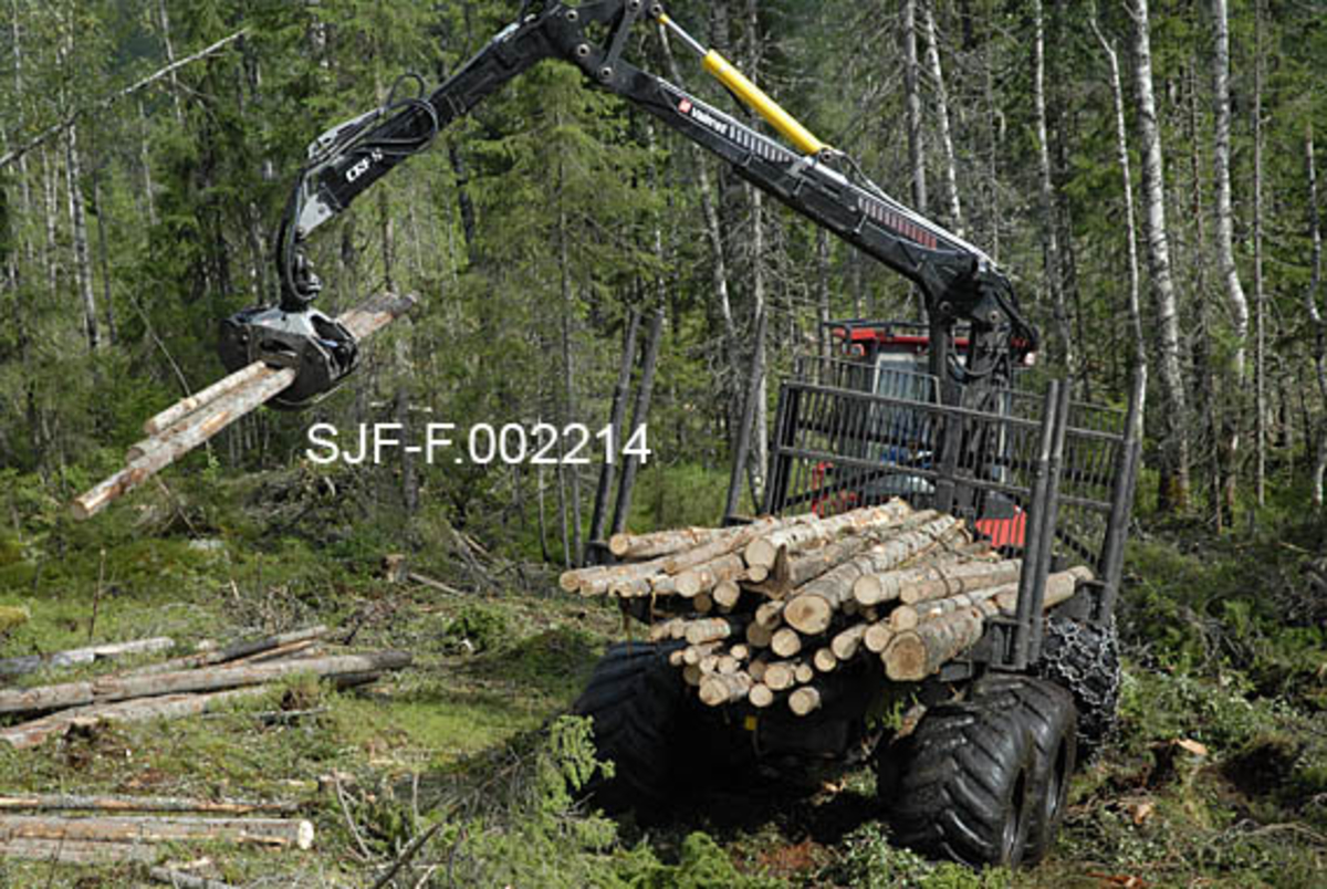 Ola Engens fire år gamle rammestyrte lassbærer, en Valmet-modell, i virksomhet i Ulvåsen i østre Elverum, 5. august 2009.  Fotografiet er tatt bakfra.  Maskinen har to akslinger på forparten, som bærer førerhuset, og to på bakparten, som bærer lasset.  På samtlige akslinger er det brede hjul med samme mønstring som bakhjulene på landbrukstraktorer.  Da dette fotografiet ble tatt var føreren i ferd med å laste slipvirke på tilhengeren ved hjelp av ei kraftig klo ("grabben") i enden av en hydraulisk kranarm.  Fotografiet er tatt nederst i ei li, like ved et myrdrag der det i hovedsak vokste bjørkeskog. 