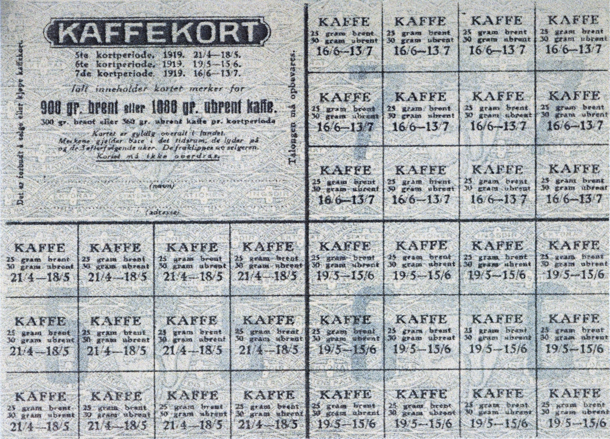 Kaffekort. Rasjoneringskort etter første verdenskrig. 1919. 

Se "Fra bygd til by" Historien om Brumunddal skrevet av Thor Gotaas 2011. s. 195. 